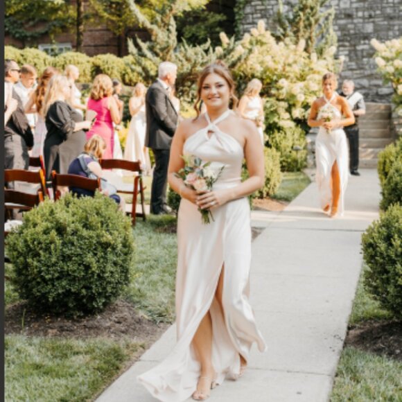 Birdie Grey Monica Champagne Satin Grecian Halter Bridesmaid Dress - Picture 3 of 5